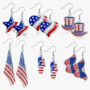Patriotic American Flag Rhinestone Glittery Earrings Set of 6 NWT